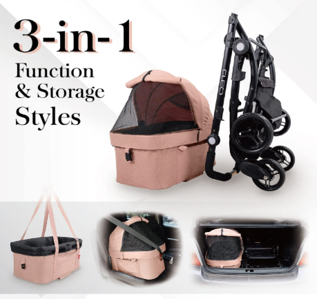 3-In-1 Travel System - Pet Stroller, Carrier, Bag for Small Dogs, Medium Dogs, Cats - Lightweight, 44 Lbs - Coral Pink