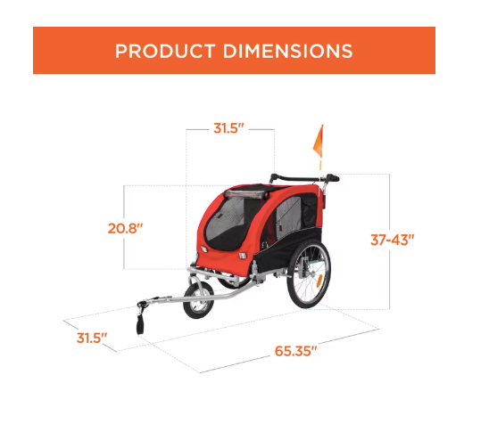 2-In-1 Dog Bike Trailer, Pet Stroller Bicycle Carrier W/ Hitch, Brakes, Visibility Flag, Reflector