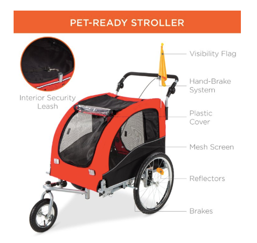 2-In-1 Dog Bike Trailer, Pet Stroller Bicycle Carrier W/ Hitch, Brakes, Visibility Flag, Reflector