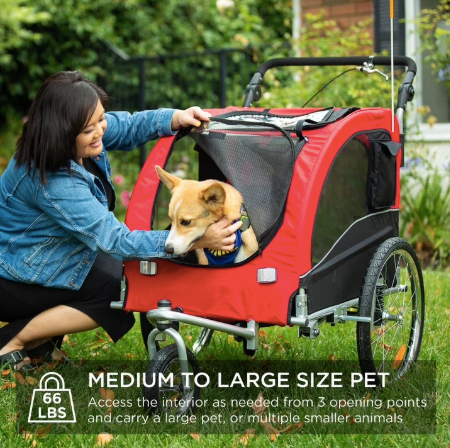 2-In-1 Dog Bike Trailer, Pet Stroller Bicycle Carrier W/ Hitch, Brakes, Visibility Flag, Reflector