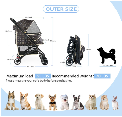 Dogs Cats Stroller for Small Medium Dogs Cats Pets up to 35 Lbs，Foldable Dog Cat Stroller Jogger Travel Strollers with Storage Basket and Cup Holder, Polka Squares