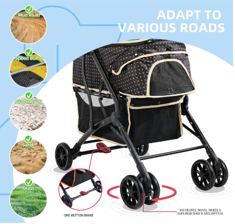 Dogs Cats Stroller for Small Medium Dogs Cats Pets up to 35 Lbs，Foldable Dog Cat Stroller Jogger Travel Strollers with Storage Basket and Cup Holder, Polka Squares