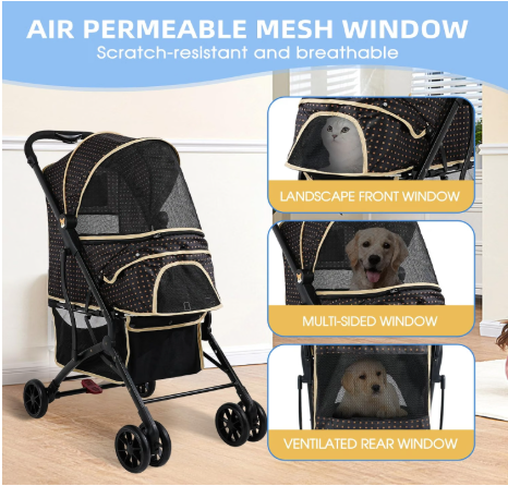 Dogs Cats Stroller for Small Medium Dogs Cats Pets up to 35 Lbs，Foldable Dog Cat Stroller Jogger Travel Strollers with Storage Basket and Cup Holder, Polka Squares