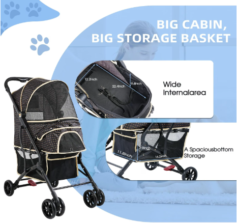 Dogs Cats Stroller for Small Medium Dogs Cats Pets up to 35 Lbs，Foldable Dog Cat Stroller Jogger Travel Strollers with Storage Basket and Cup Holder, Polka Squares