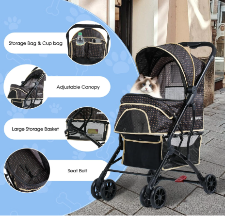 Dogs Cats Stroller for Small Medium Dogs Cats Pets up to 35 Lbs，Foldable Dog Cat Stroller Jogger Travel Strollers with Storage Basket and Cup Holder, Polka Squares