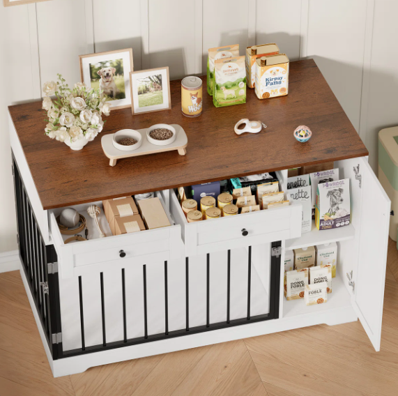 47.2" Dog Kennel Console Table | Wooden Crate Furniture with 2 Storage Drawers & Feed Cabinet