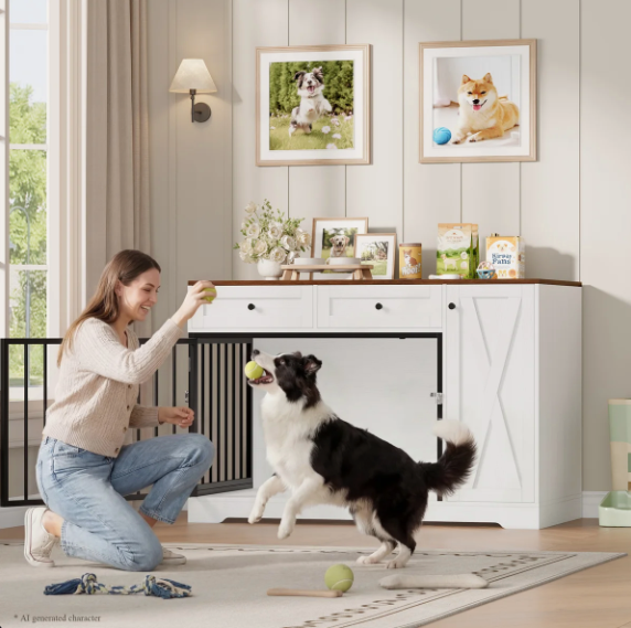 47.2" Dog Kennel Console Table | Wooden Crate Furniture with 2 Storage Drawers & Feed Cabinet