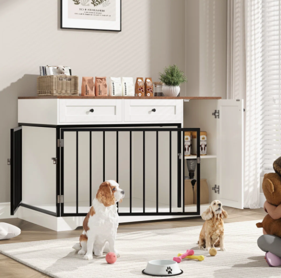 47.2" Dog Kennel Console Table | Wooden Crate Furniture with 2 Storage Drawers & Feed Cabinet