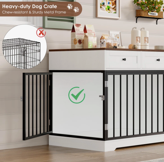 47.2" Dog Kennel Console Table | Wooden Crate Furniture with 2 Storage Drawers & Feed Cabinet