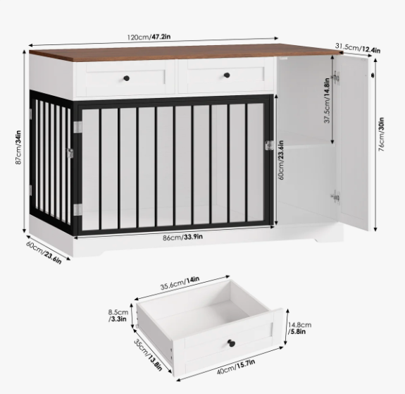 47.2" Dog Kennel Console Table | Wooden Crate Furniture with 2 Storage Drawers & Feed Cabinet