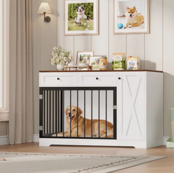 47.2" Dog Kennel Console Table | Wooden Crate Furniture with 2 Storage Drawers & Feed Cabinet