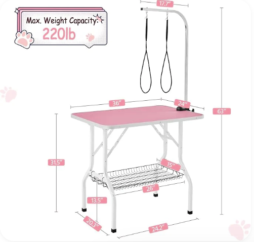 36" Dog Grooming Table with Adjustable Arm, Tool Shelf & 2 Safety Loops, Pink