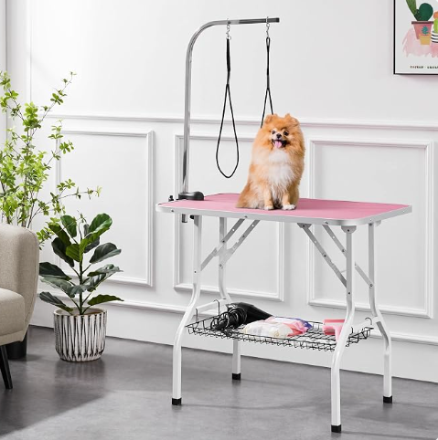 36" Dog Grooming Table with Adjustable Arm, Tool Shelf & 2 Safety Loops, Pink
