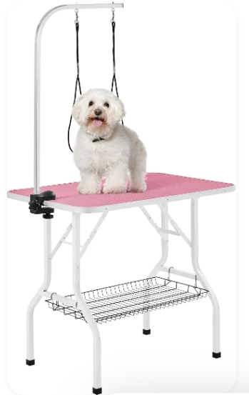 36" Dog Grooming Table with Adjustable Arm, Tool Shelf & 2 Safety Loops, Pink