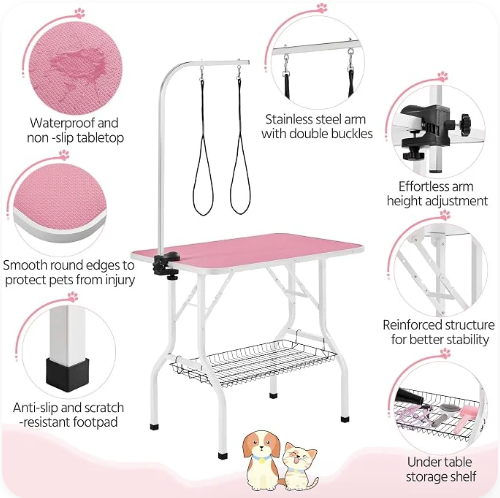 36" Dog Grooming Table with Adjustable Arm, Tool Shelf & 2 Safety Loops, Pink