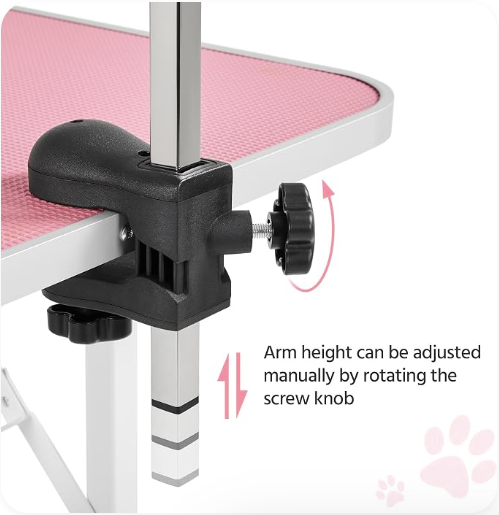 36" Dog Grooming Table with Adjustable Arm, Tool Shelf & 2 Safety Loops, Pink