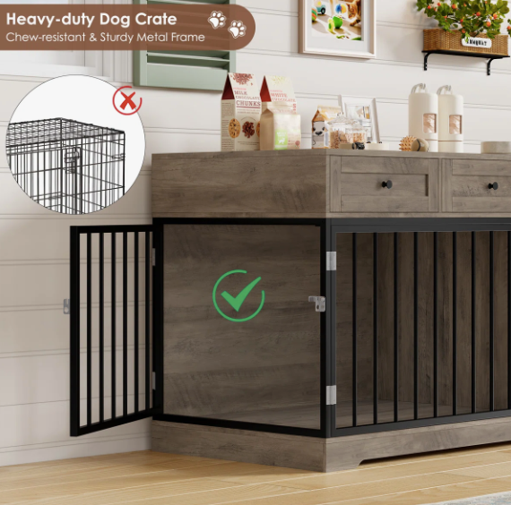 47.2" Dog Kennel Console Table | Wooden Crate Furniture with 2 Storage Drawers & Feed Cabinet