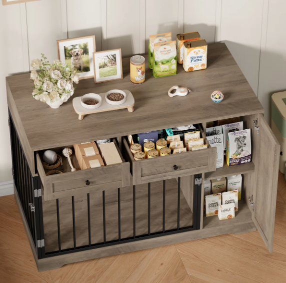 47.2" Dog Kennel Console Table | Wooden Crate Furniture with 2 Storage Drawers & Feed Cabinet