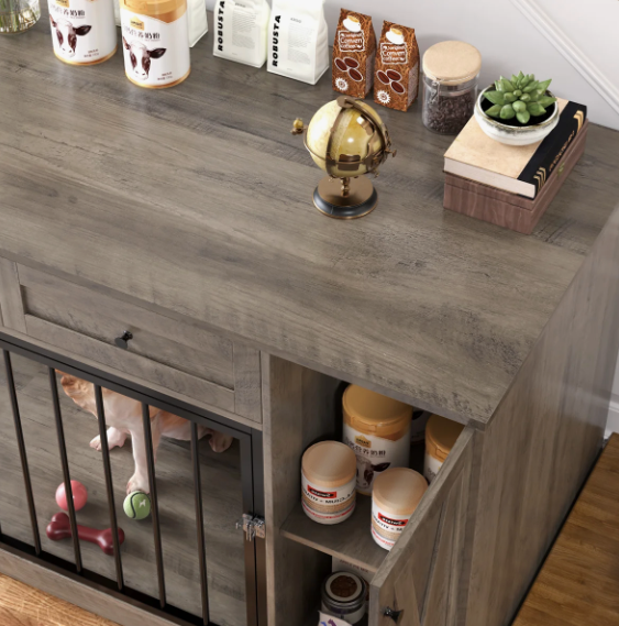 47.2" Dog Kennel Console Table | Wooden Crate Furniture with 2 Storage Drawers & Feed Cabinet