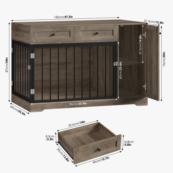 47.2" Dog Kennel Console Table | Wooden Crate Furniture with 2 Storage Drawers & Feed Cabinet
