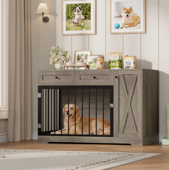 47.2" Dog Kennel Console Table | Wooden Crate Furniture with 2 Storage Drawers & Feed Cabinet