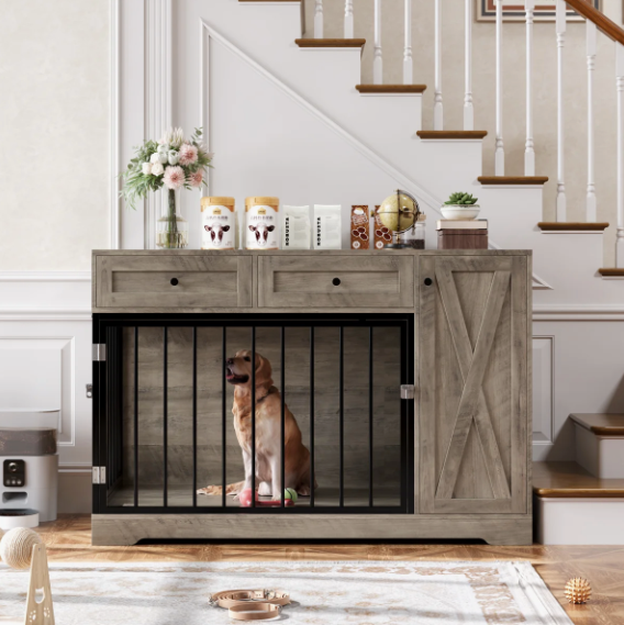 47.2" Dog Kennel Console Table | Wooden Crate Furniture with 2 Storage Drawers & Feed Cabinet