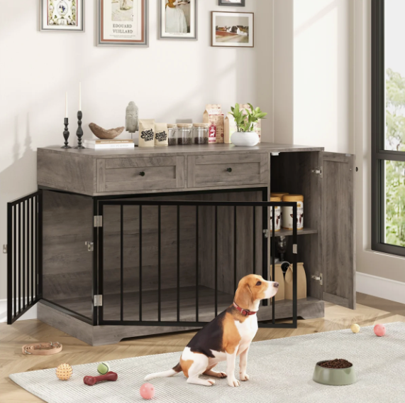 47.2" Dog Kennel Console Table | Wooden Crate Furniture with 2 Storage Drawers & Feed Cabinet