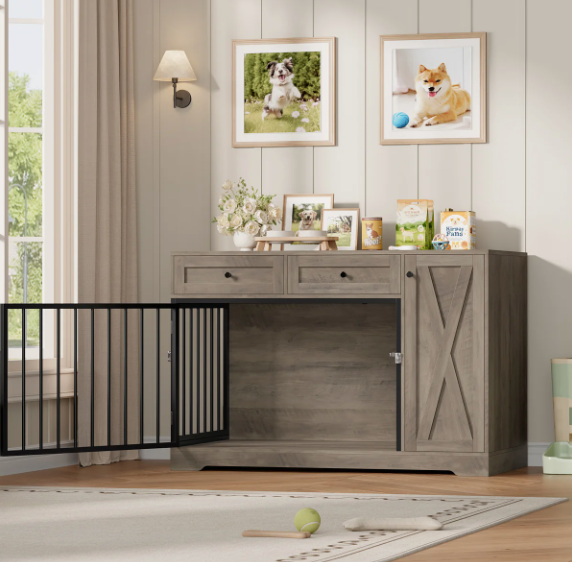 47.2" Dog Kennel Console Table | Wooden Crate Furniture with 2 Storage Drawers & Feed Cabinet