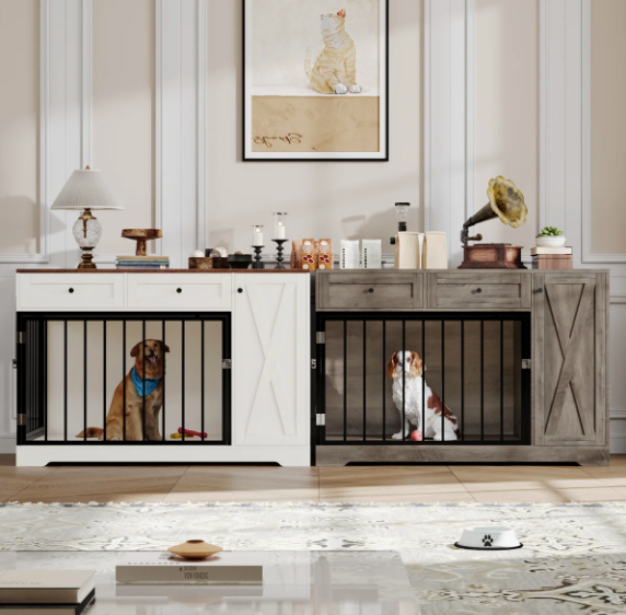 47.2" Dog Kennel Console Table | Wooden Crate Furniture with 2 Storage Drawers & Feed Cabinet