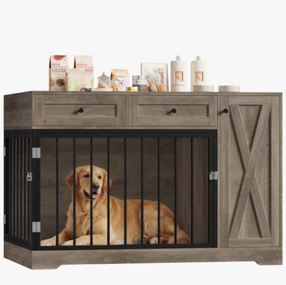 47.2" Dog Kennel Console Table | Wooden Crate Furniture with 2 Storage Drawers & Feed Cabinet
