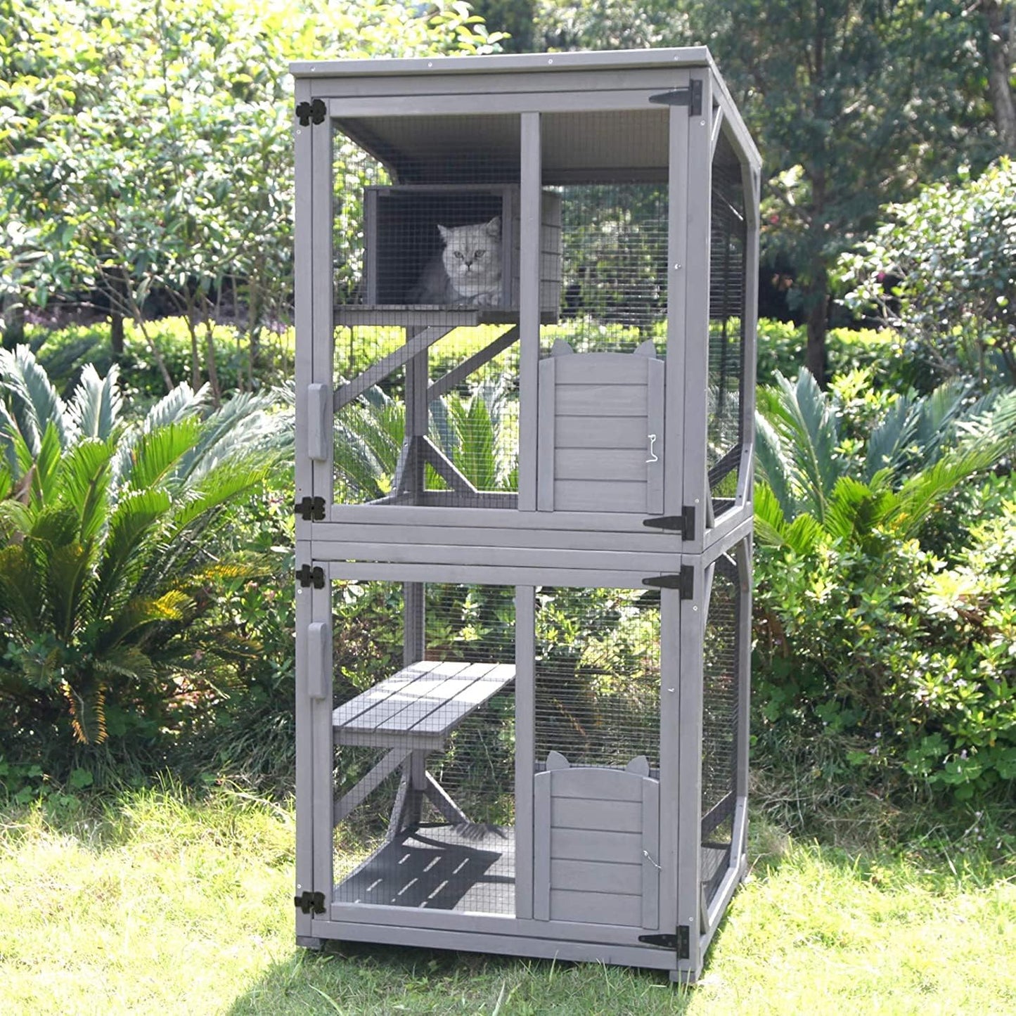 Cat House Outdoor Cat Catio Wooden Large Enclosure with Run on Wheels 70.9" Upgraded Version Catio with Reinforcement Strip,Waterproof Roof (Grey)
