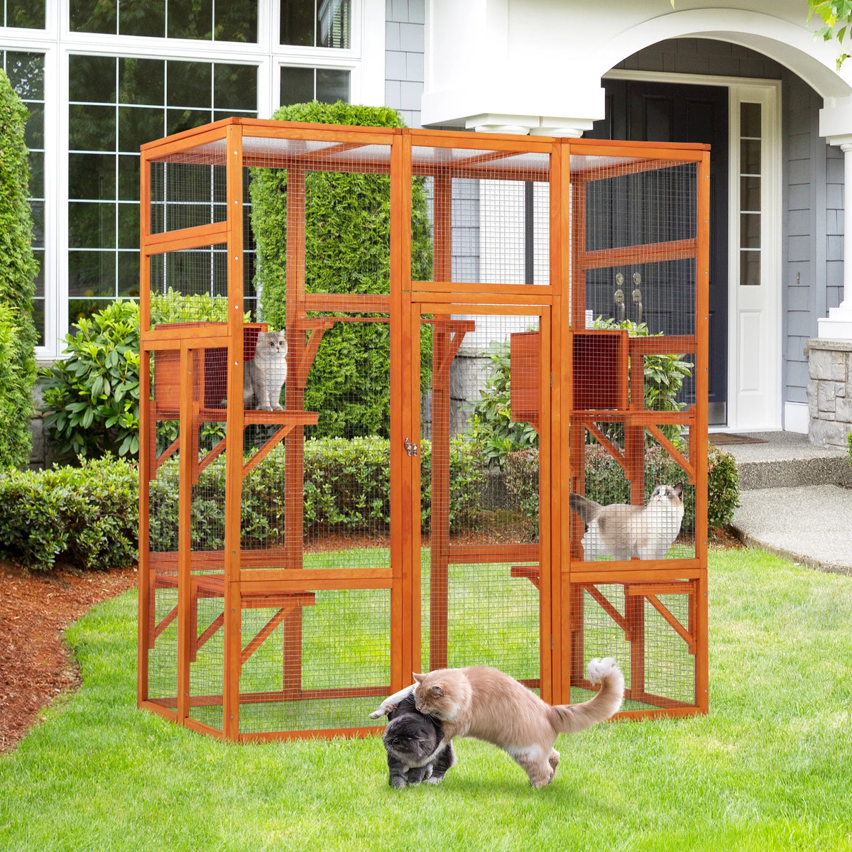 Large Catio Wooden Cat Enclosure Catio Cat Cage Outdoor Pet House Small Animal Hutch, Orange