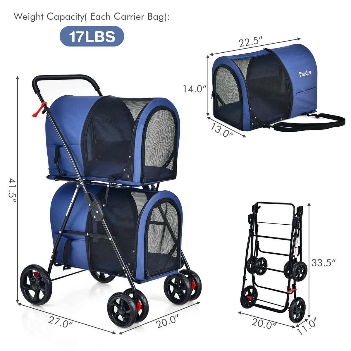 4-In-1 Double Pet Stroller W/ Detachable Carrier Travel Carriage for Cats Blue