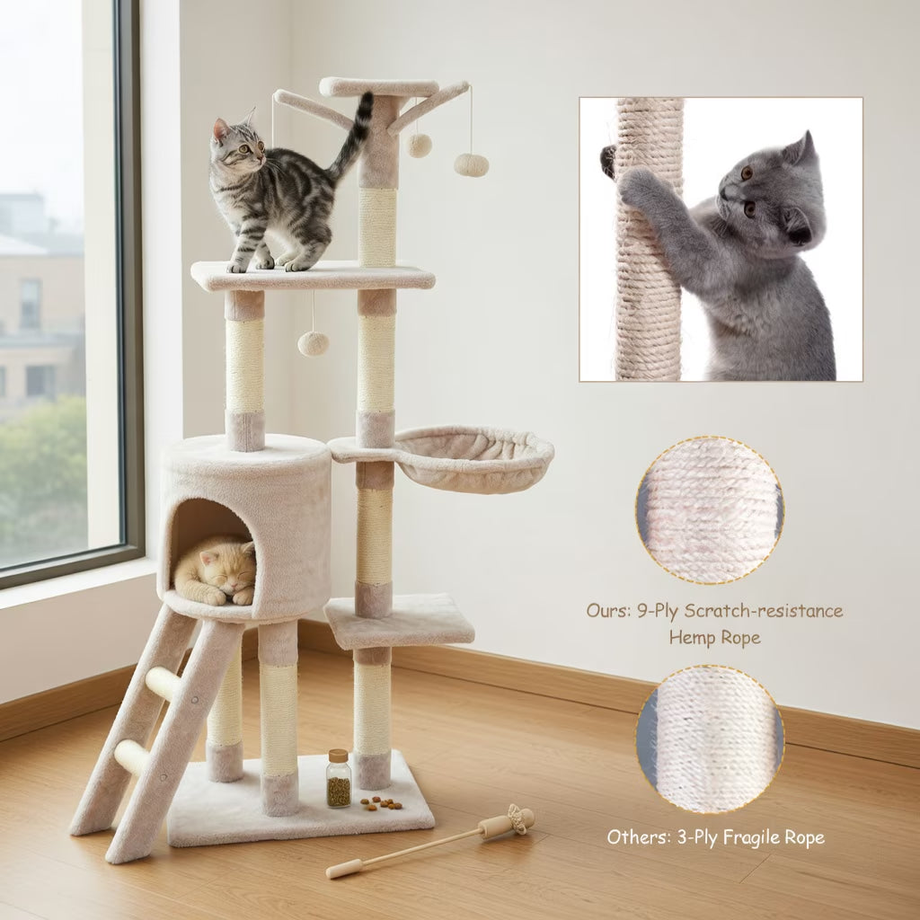 56" Cat Tree Tower for Indoor Cats with Ladder, Scratching Posts Cat Condo for Multiple Cats Jump Platform Cat Furniture Activity Center, Beige