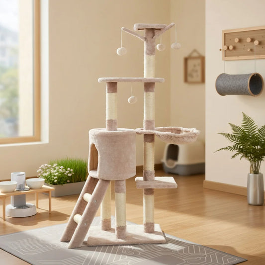 56" Cat Tree Tower for Indoor Cats with Ladder, Scratching Posts Cat Condo for Multiple Cats Jump Platform Cat Furniture Activity Center, Beige