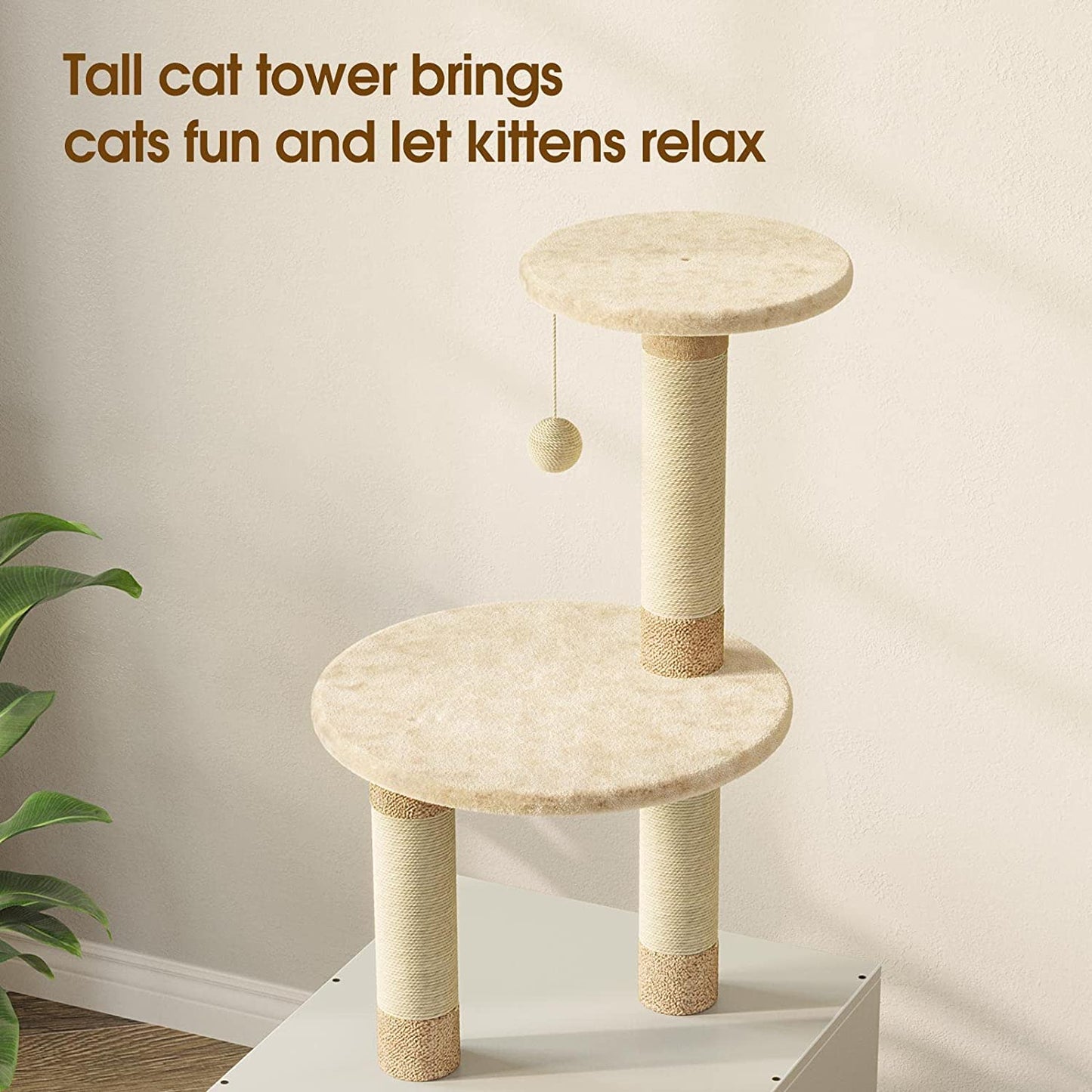 Cat Litter Box Enclosure with Litter Box Enclosure, Furniture with Tree Tower and Condo, Indoor House with Sisal Scratching Post and Soft Plush Perch, White
