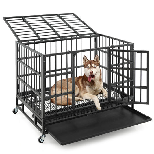38/48 Inch Foldable Heavy-Duty Metal Dog Cage with Lockable Rolling Casters and Tray