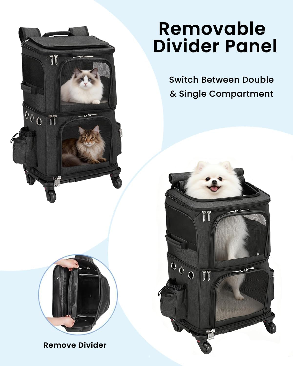 Double-Compartment Cat Carrier Backpack with Wheels for Two Pets | Pet Rolling Carrier for Smalls Cat and Dogs, Perfect for Traveling / Walking/ Vet, up to 12 Lbs Each, Black