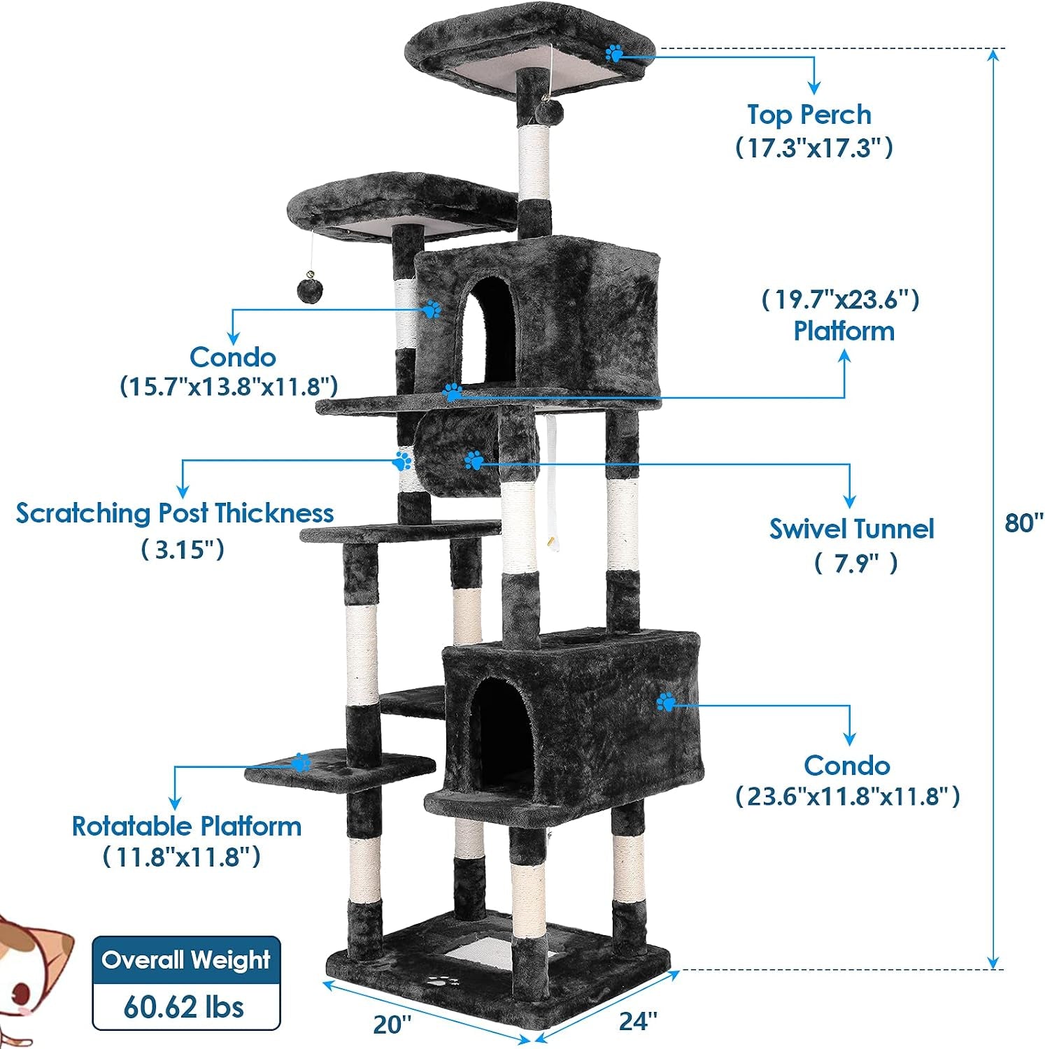 80 Inches Multi-Level Large Cat Tree, Heavy Duty Cat Tower Condo Furniture Kitten Activity Play House, with Hammock, Anti-Toppling Device & Scratching Posts Toys for Kittens & Big Cats (Grey)