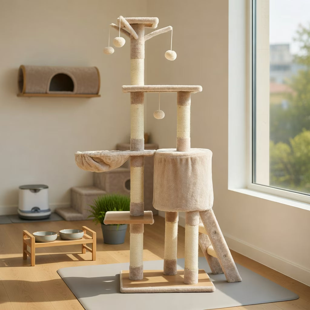 56" Cat Tree Tower for Indoor Cats with Ladder, Scratching Posts Cat Condo for Multiple Cats Jump Platform Cat Furniture Activity Center, Beige