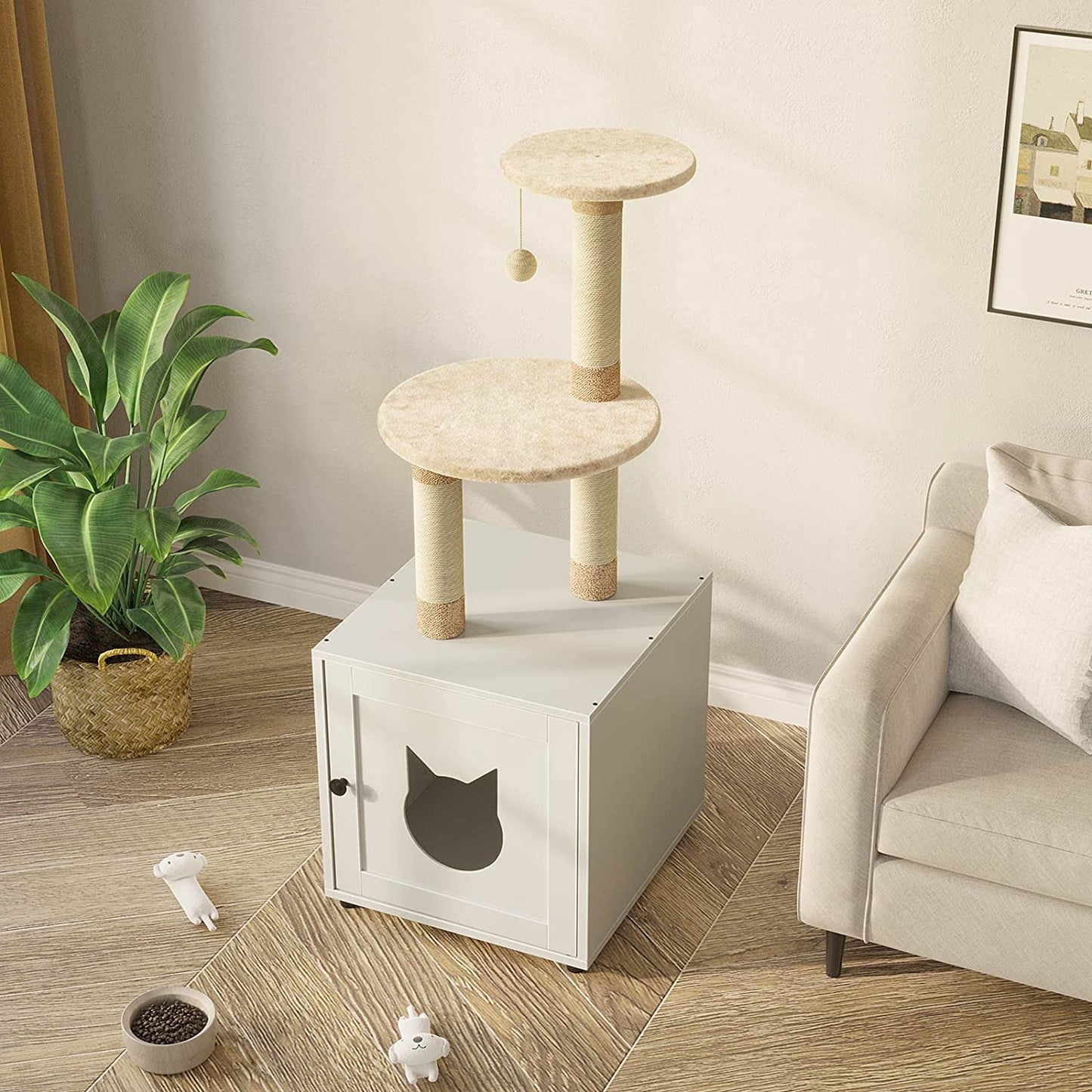 Cat Litter Box Enclosure with Litter Box Enclosure, Furniture with Tree Tower and Condo, Indoor House with Sisal Scratching Post and Soft Plush Perch, White