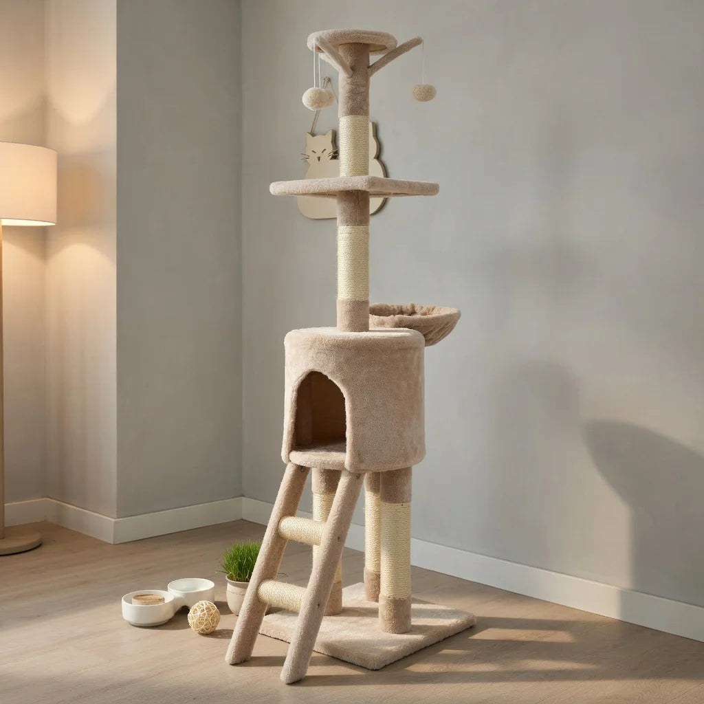 56" Cat Tree Tower for Indoor Cats with Ladder, Scratching Posts Cat Condo for Multiple Cats Jump Platform Cat Furniture Activity Center, Beige