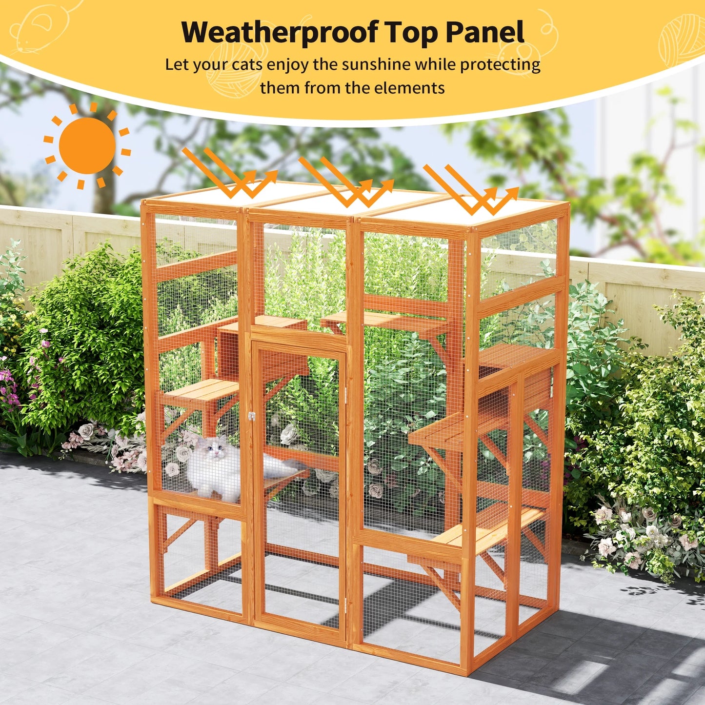 Large Catio Wooden Cat Enclosure Catio Cat Cage Outdoor Pet House Small Animal Hutch, Orange