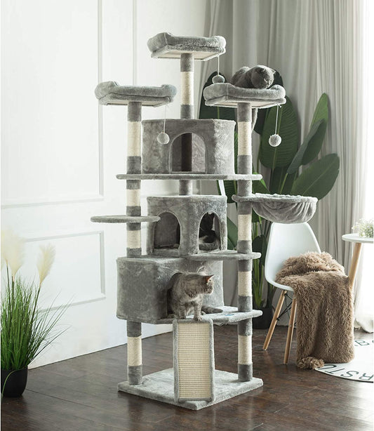 Cat Tree Tower with Multi-Level Large Condo, Platform, MPJ032W | 73.4 Inch Cat Tower with 3 Caves, 3 Cozy Perches, Scratching Posts, Board, Activity Center Stable for Indoor Cats, Light Gray