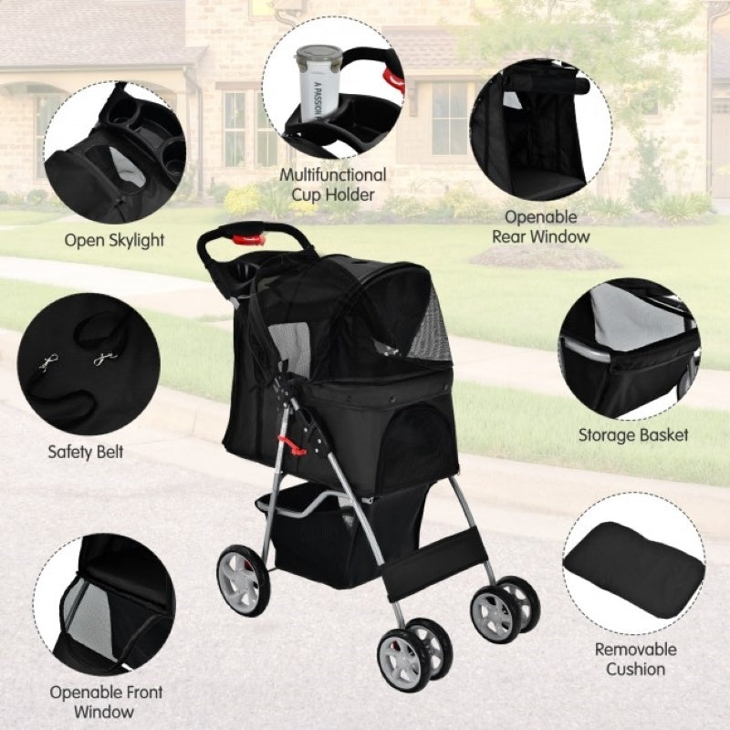 Simple Desight Foldable 4-Wheel Pet Stroller With Storage Basket